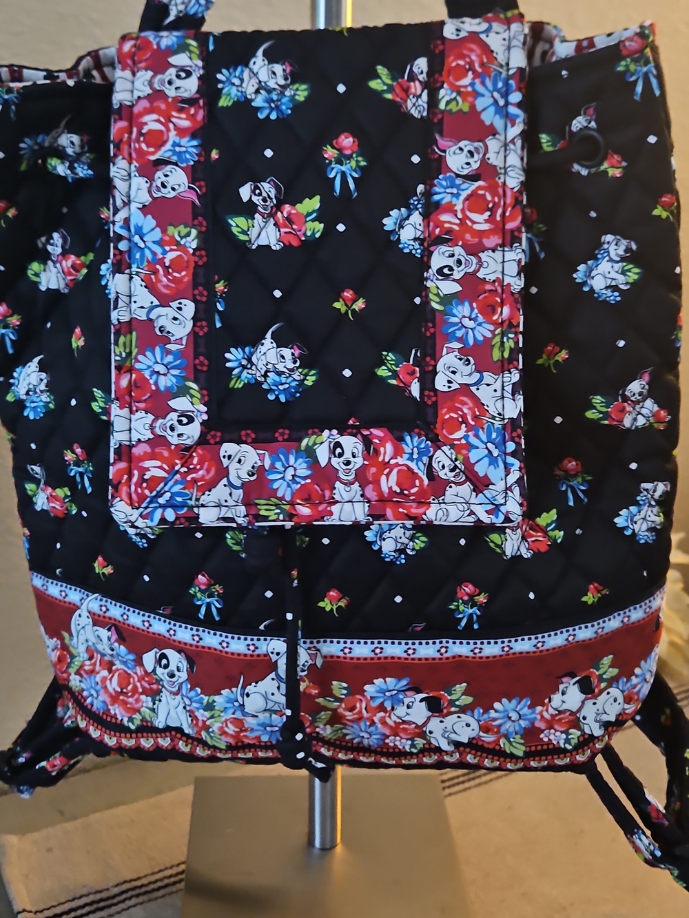 Disney Vera Bradley Quilted Black Floral Backpack Tote with 101 Dalmation  Print - Picture 3 of 14
